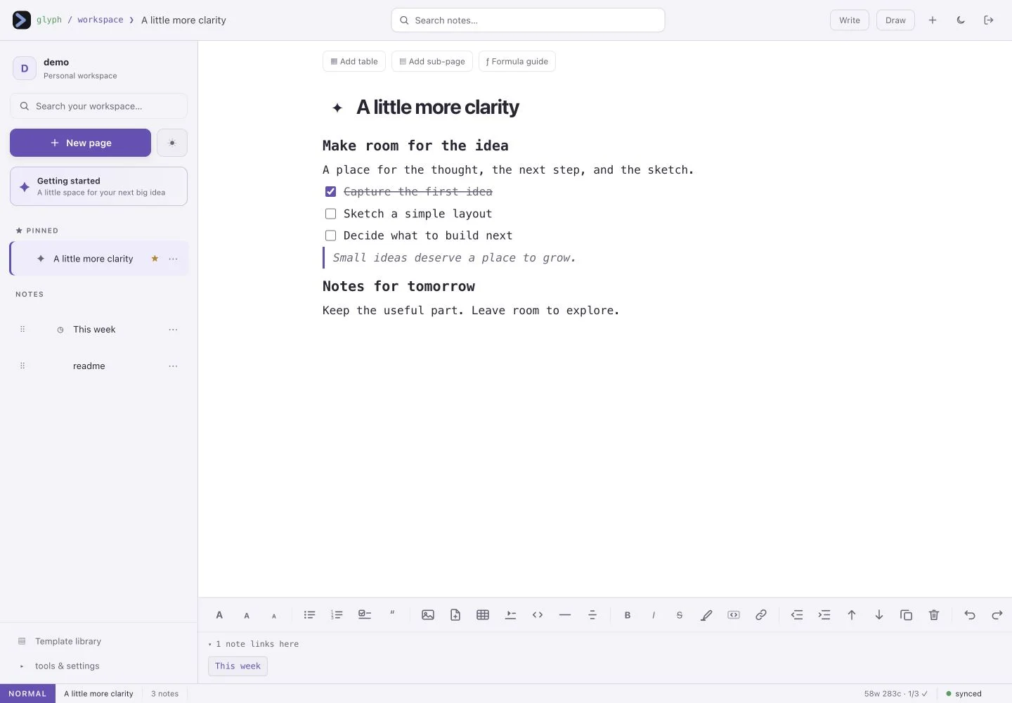 Glyph app screenshot with sample content