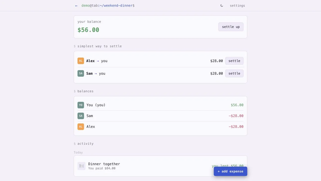 Tab app screenshot with sample content