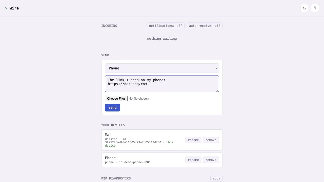 Wire app screenshot with sample content